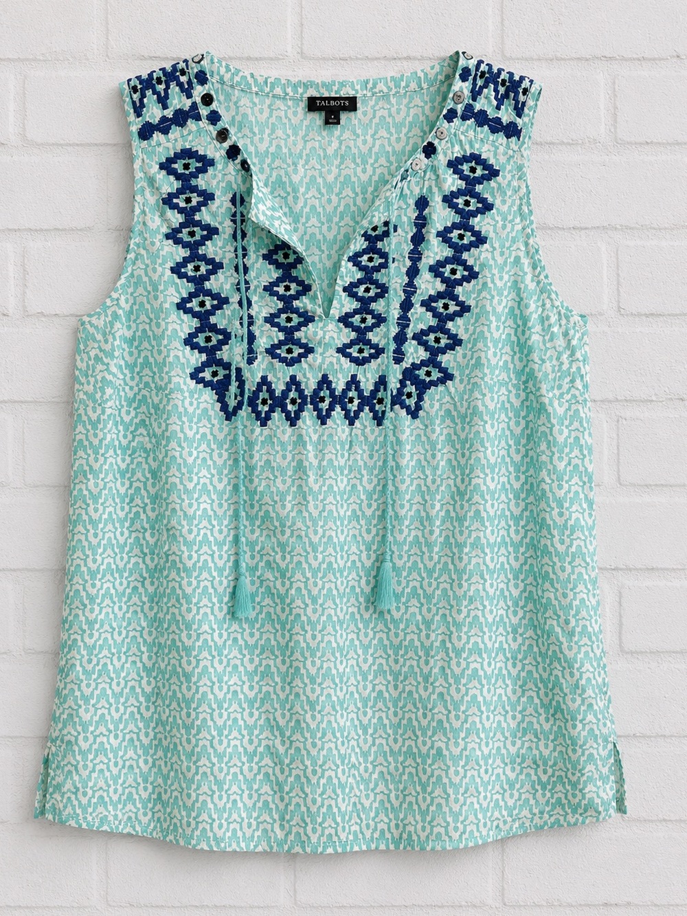 Talbots Embroidered Ikat Split Neck Sleeveless Top Blouse Mint Navy Size S